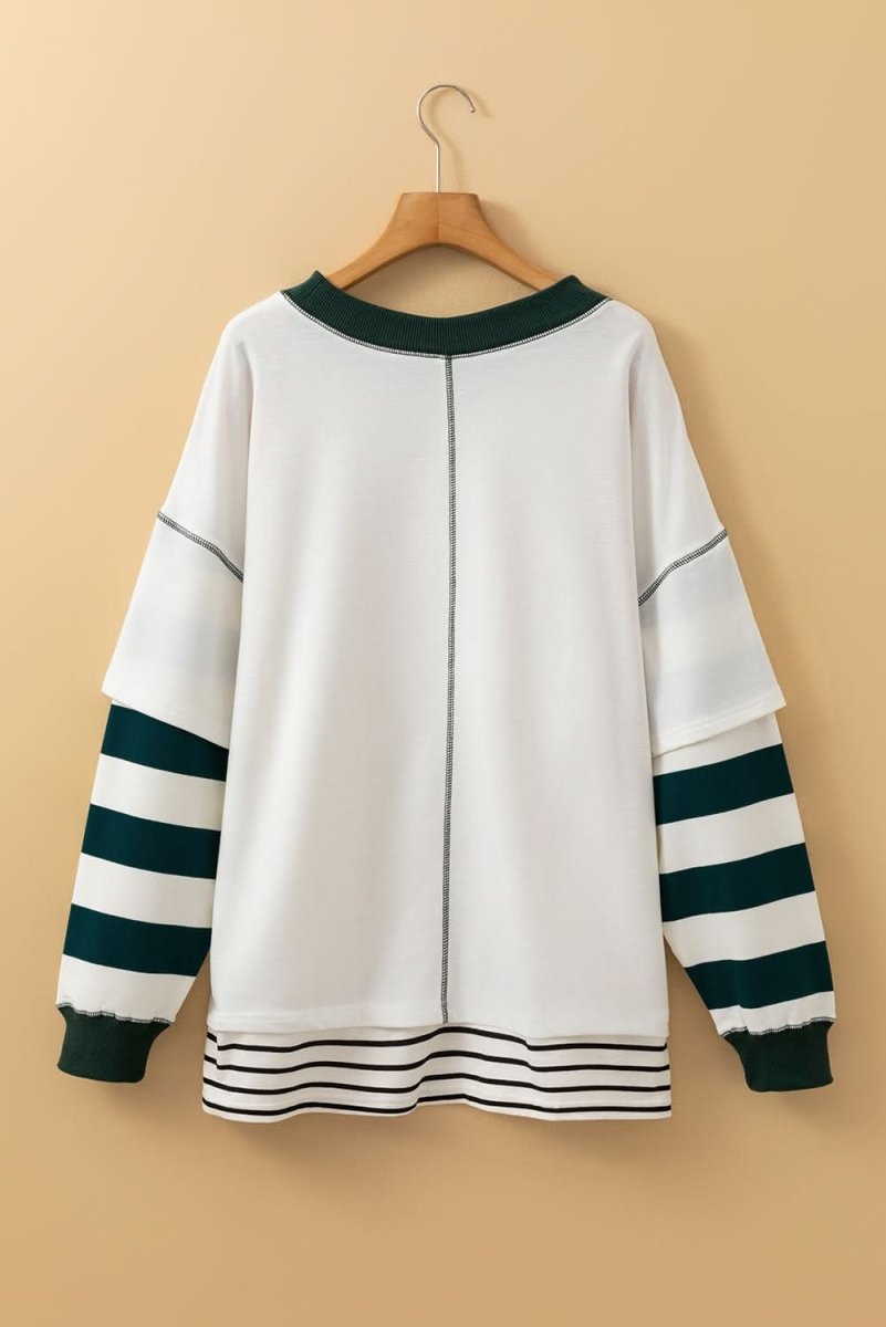 White Stripe Colorblock Sleeve Exposed Seam Fake-2-Piece Sweatshirt - Love Salve
