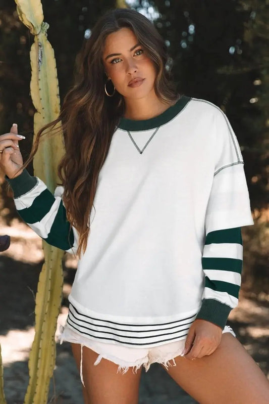 White Stripe Colorblock Sleeve Exposed Seam Fake-2-Piece Sweatshirt - Love Salve