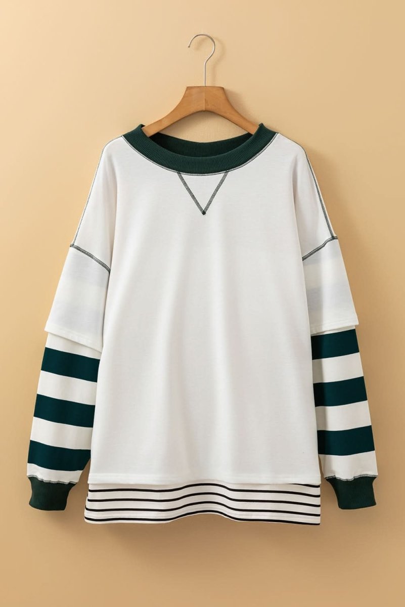 White Stripe Colorblock Sleeve Exposed Seam Fake-2-Piece Sweatshirt - Love Salve