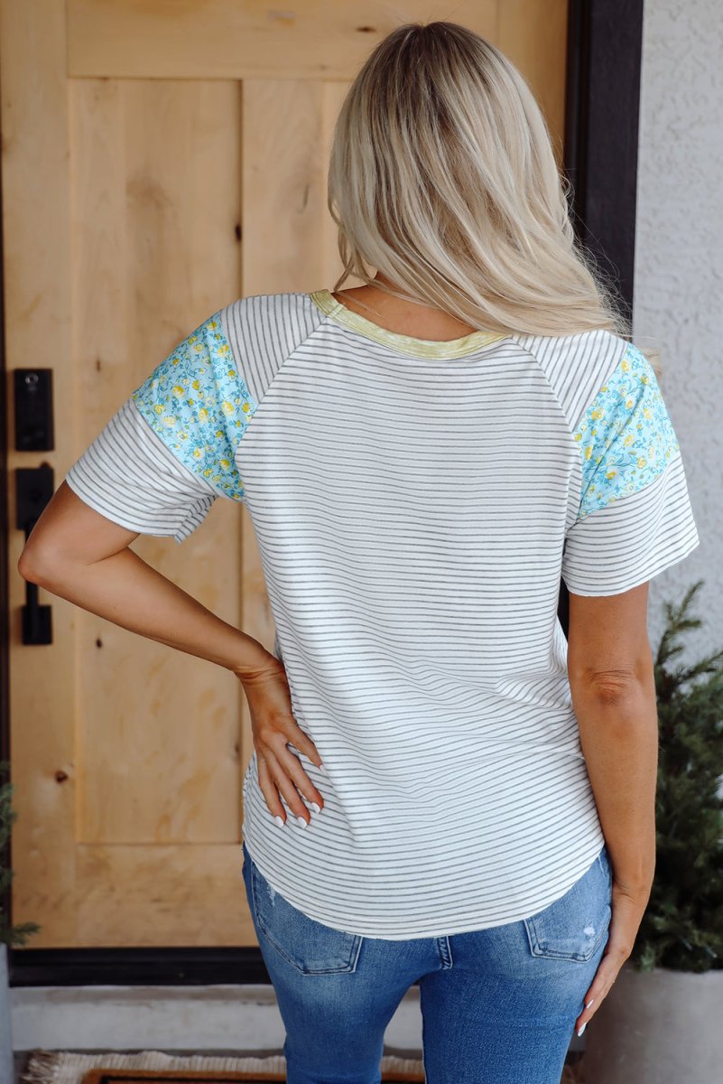 White Stripe Floral Insert Sleeves Contrast Round Neck Tee - Love Salve