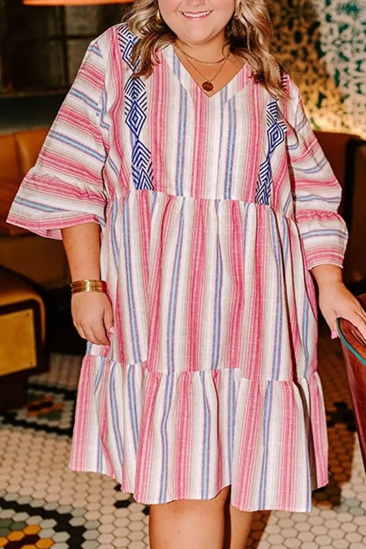White Stripe Plus Size Embroidered Flared V Neck Dress - Love Salve