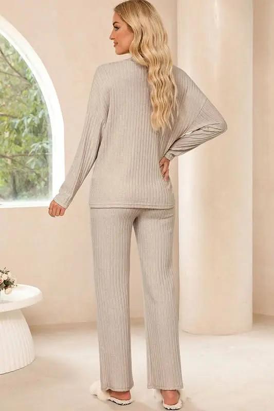 Women Ribbed Knit V Neck Slouchy Two-piece Outfit - Love Salve