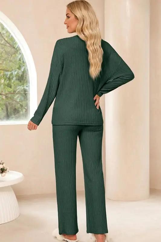 Women Ribbed Knit V Neck Slouchy Two-piece Outfit - Love Salve