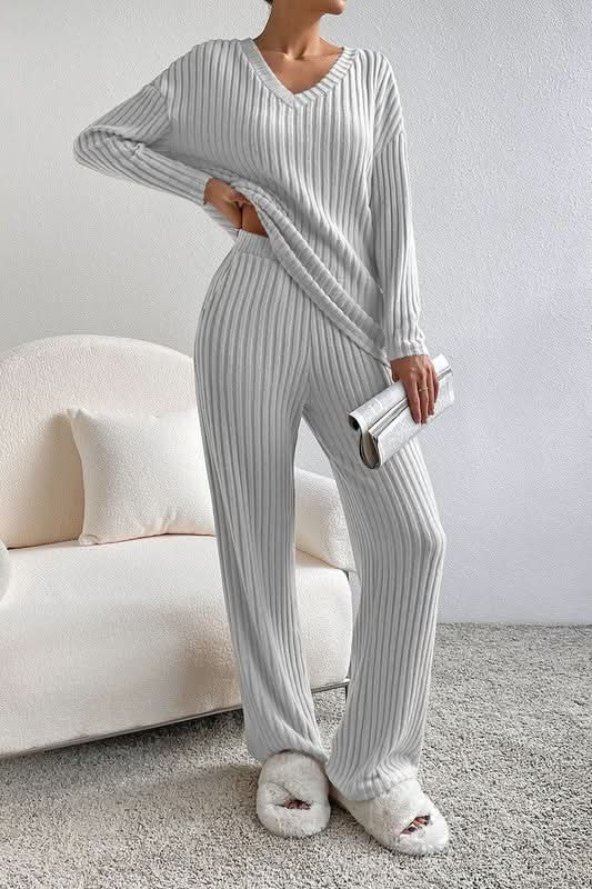 Women Ribbed Knit V Neck Slouchy Two-piece Outfit - Love Salve