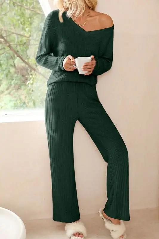 Women Ribbed Knit V Neck Slouchy Two-piece Outfit - Love Salve