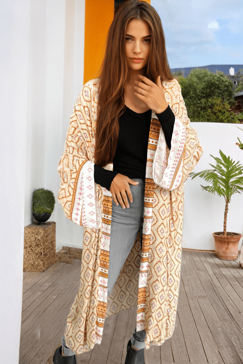 Yellow Bohemian Geometric Printed Loose Sleeve Long Kimono - Love Salve