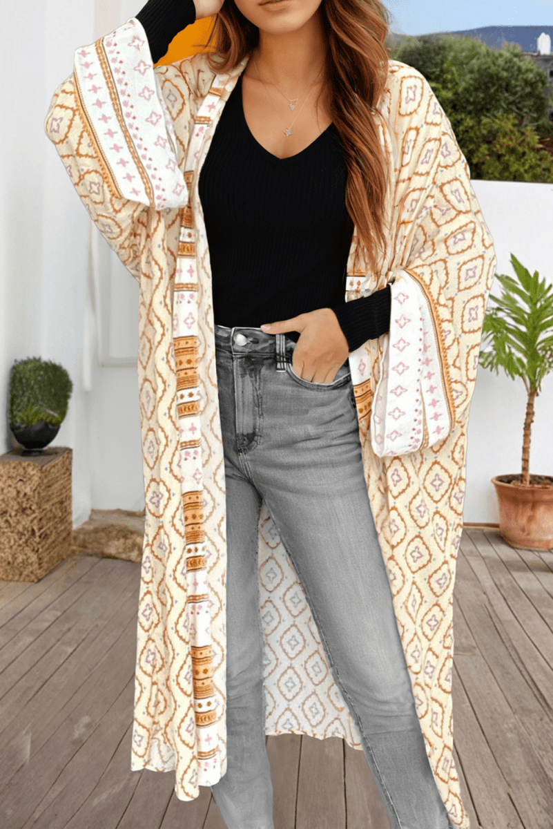 Yellow Bohemian Geometric Printed Loose Sleeve Long Kimono - Love Salve
