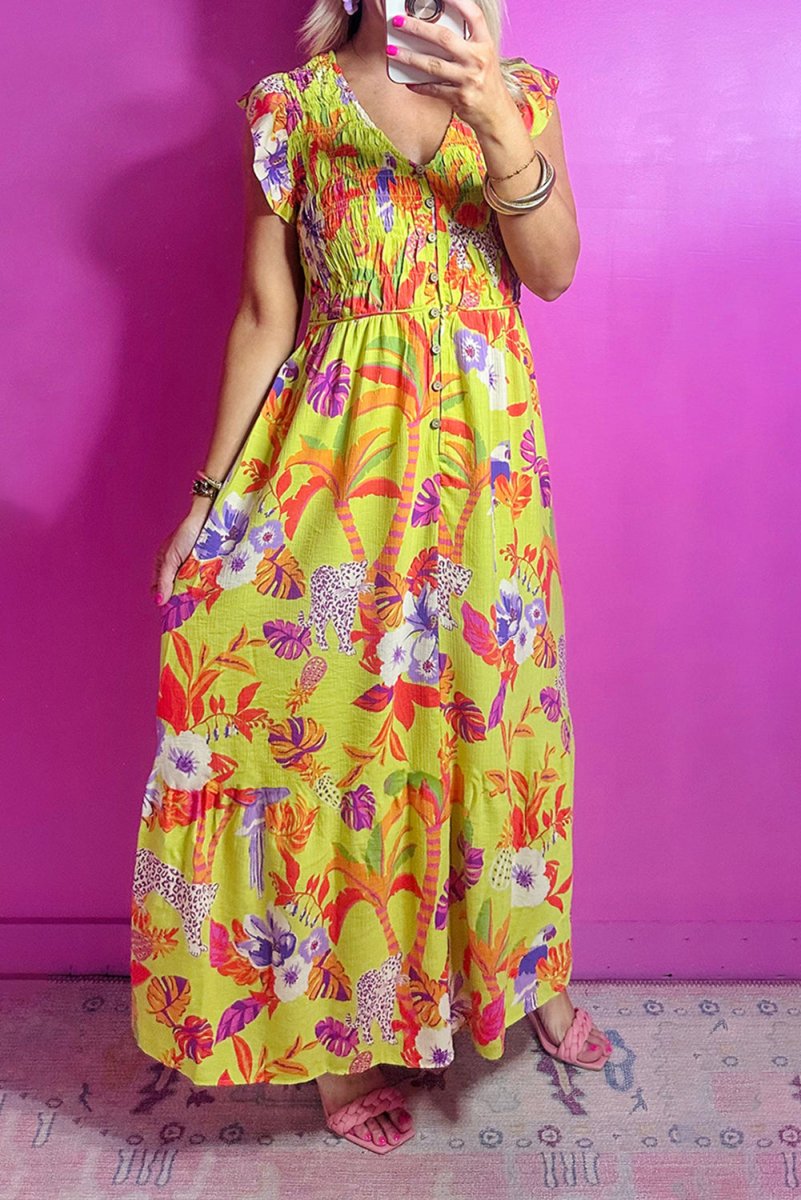 Yellow Cheetah Plant Print Shirred Button V Neck Maxi Dress - Love Salve