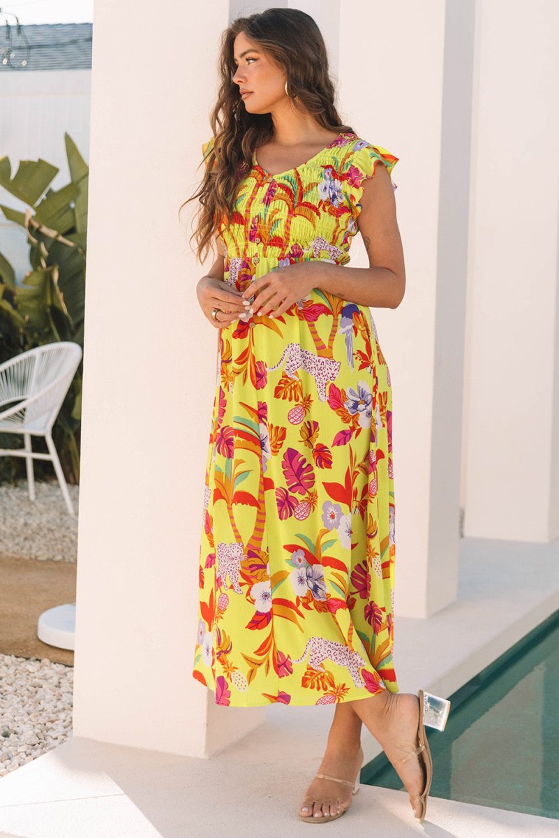 Yellow Cheetah Plant Print Shirred Button V Neck Maxi Dress - Love Salve