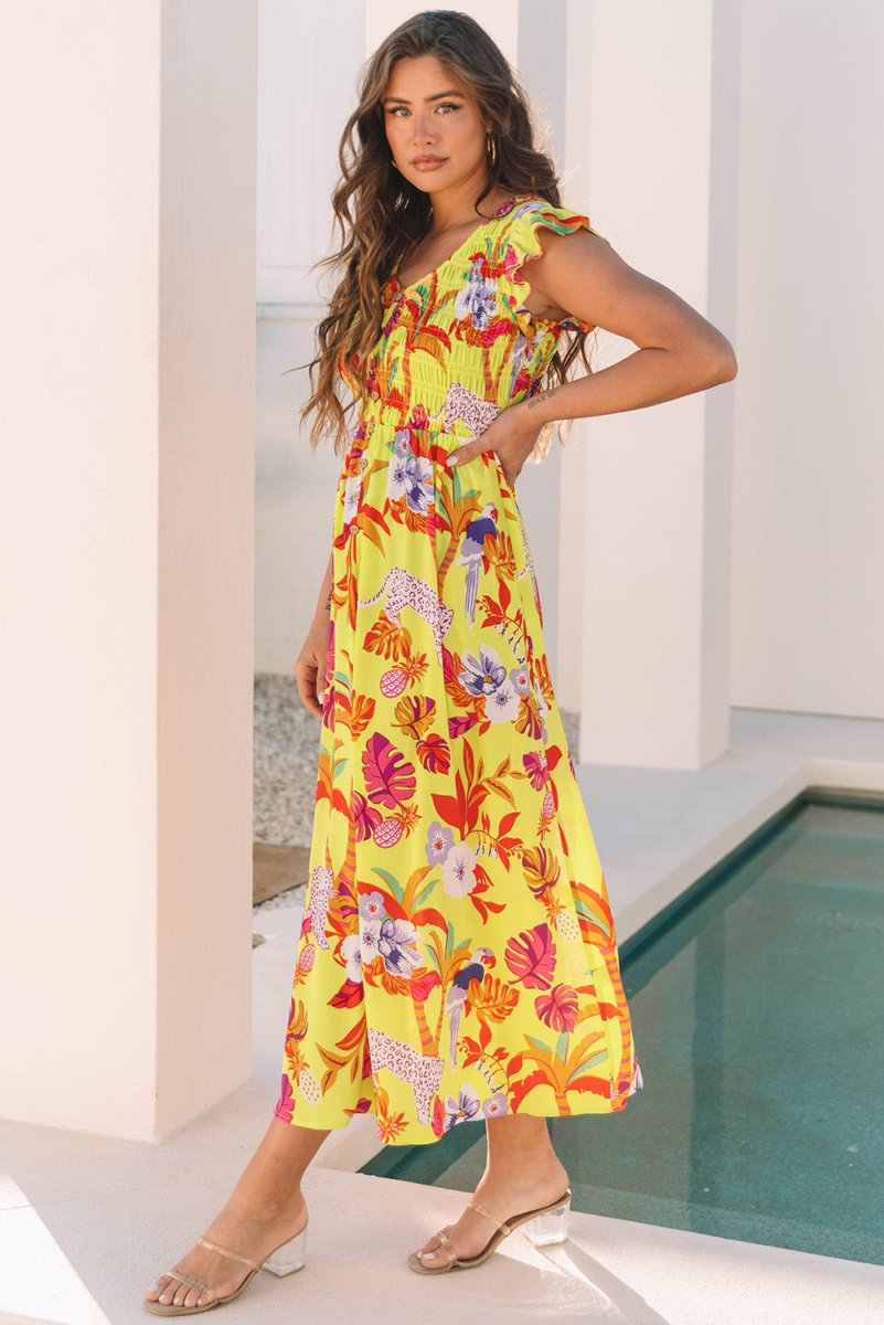 Yellow Cheetah Plant Print Shirred Button V Neck Maxi Dress - Love Salve