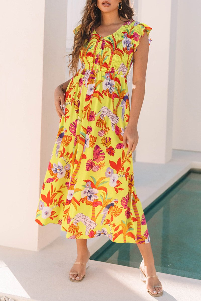 Yellow Cheetah Plant Print Shirred Button V Neck Maxi Dress - Love Salve