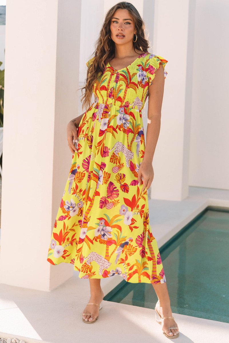 Yellow Cheetah Plant Print Shirred Button V Neck Maxi Dress - Love Salve