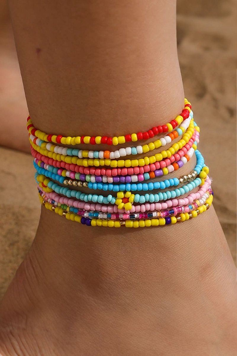 Yellow Flower Random Color Multi Layered Beaded Anklet Set - Love Salve