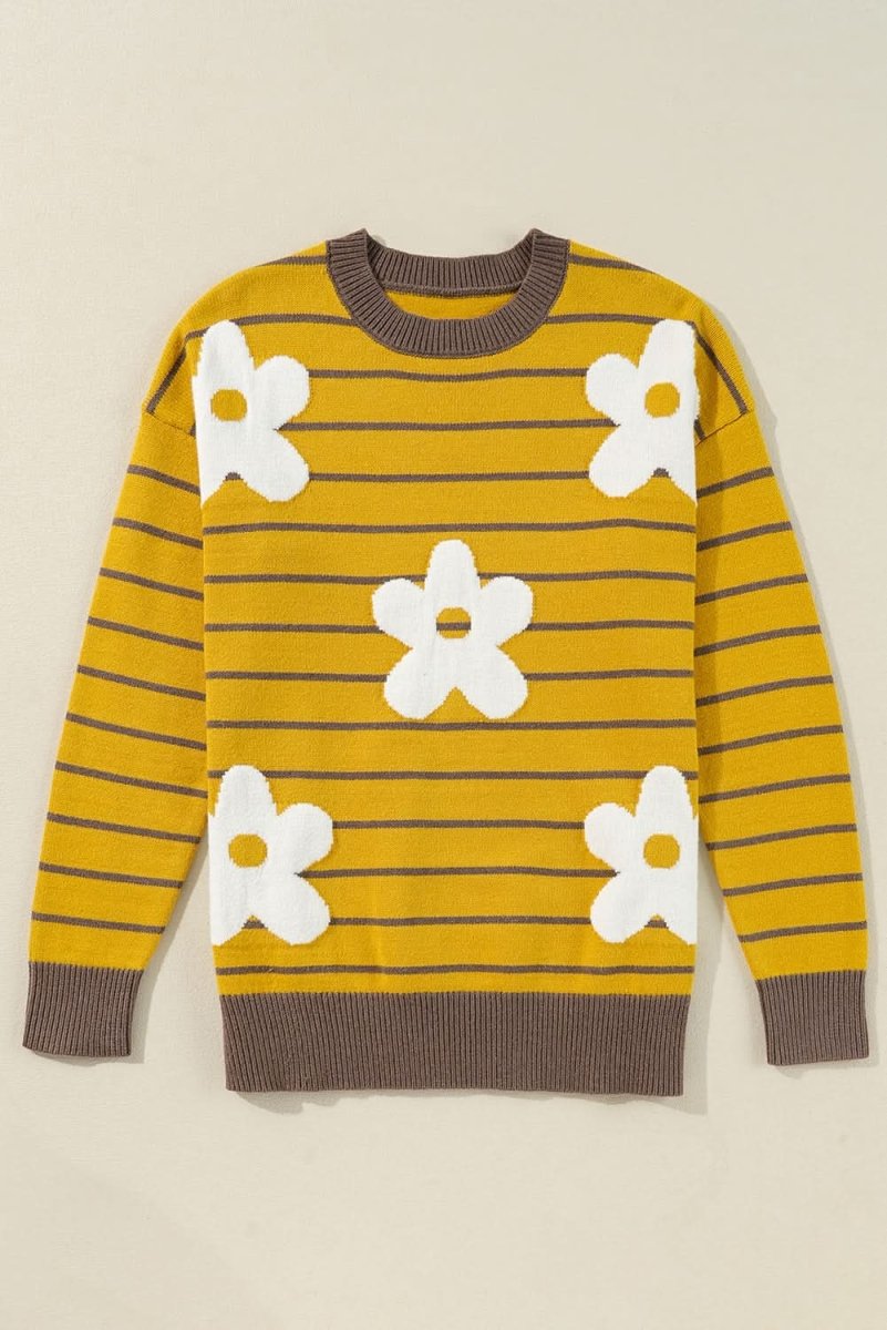 Yellow Stripe Daisy Floral Knitted Round Neck Sweater - Love Salve