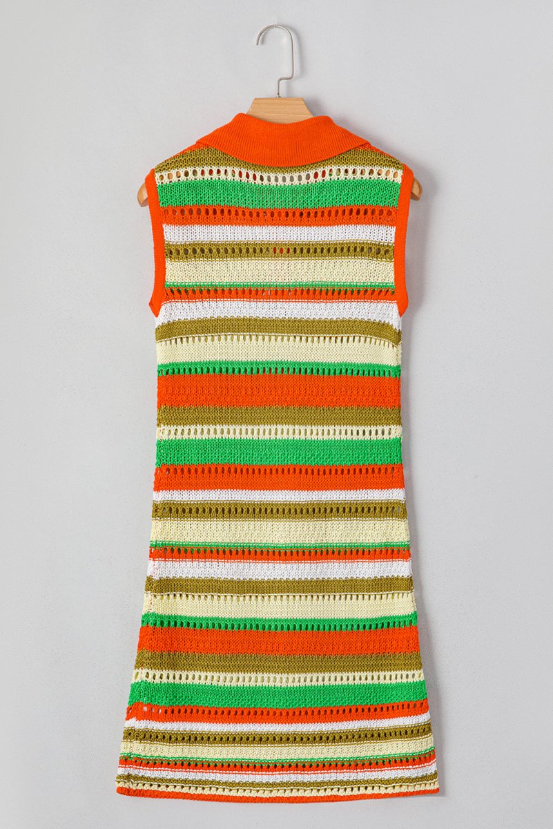 Yellow Stripe Eyelet Sleeveless Buttoned Split Neck Dress - Love Salve