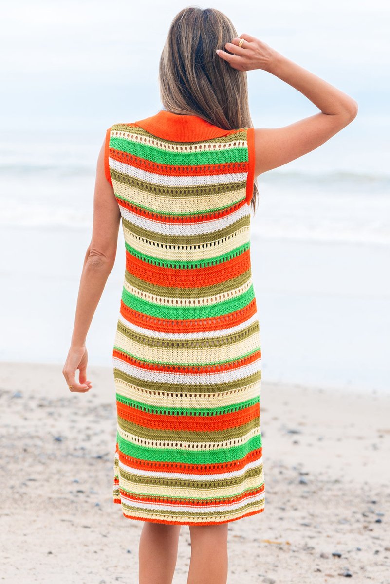Yellow Stripe Eyelet Sleeveless Buttoned Split Neck Dress - Love Salve