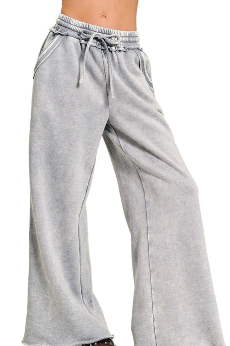 Zenana Acid Wash Fleece Palazzo Sweatpants with Pockets - Love Salve