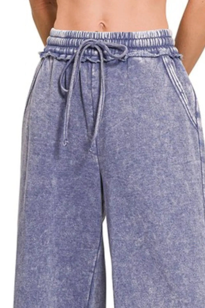 Zenana Acid Wash Fleece Palazzo Sweatpants with Pockets - Love Salve