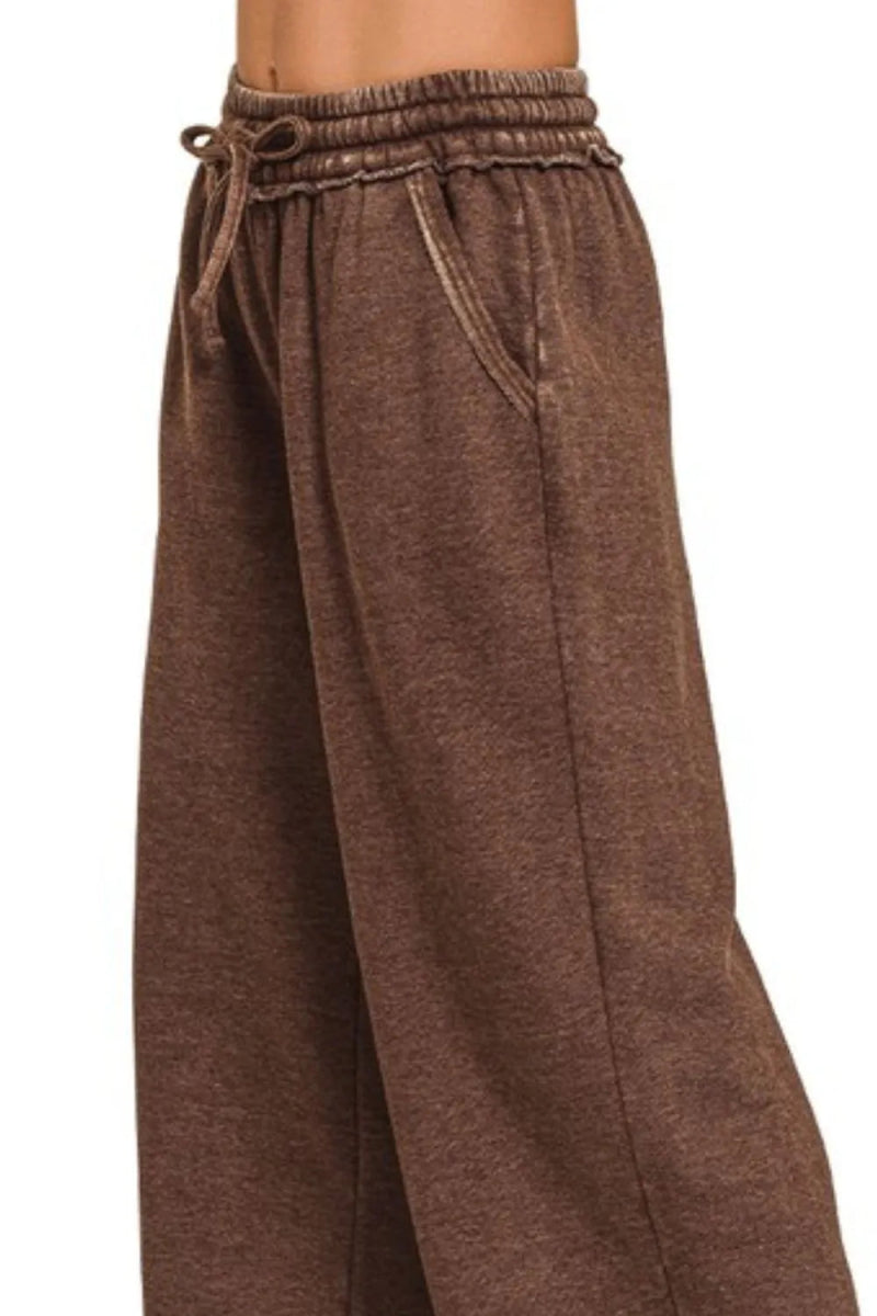 Zenana Acid Wash Fleece Palazzo Sweatpants with Pockets - Love Salve
