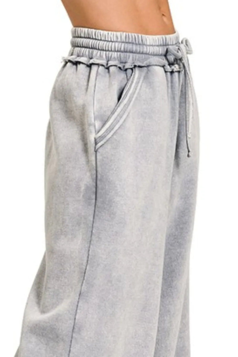 Zenana Acid Wash Fleece Palazzo Sweatpants with Pockets - Love Salve