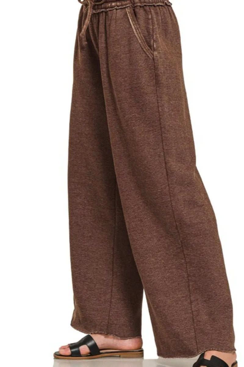 Zenana Acid Wash Fleece Palazzo Sweatpants with Pockets - Love Salve