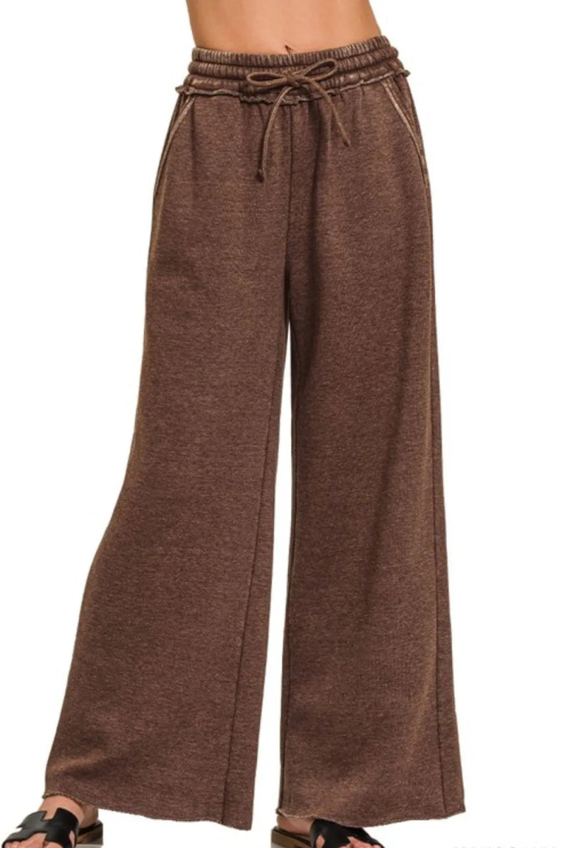 Zenana Acid Wash Fleece Palazzo Sweatpants with Pockets - Love Salve