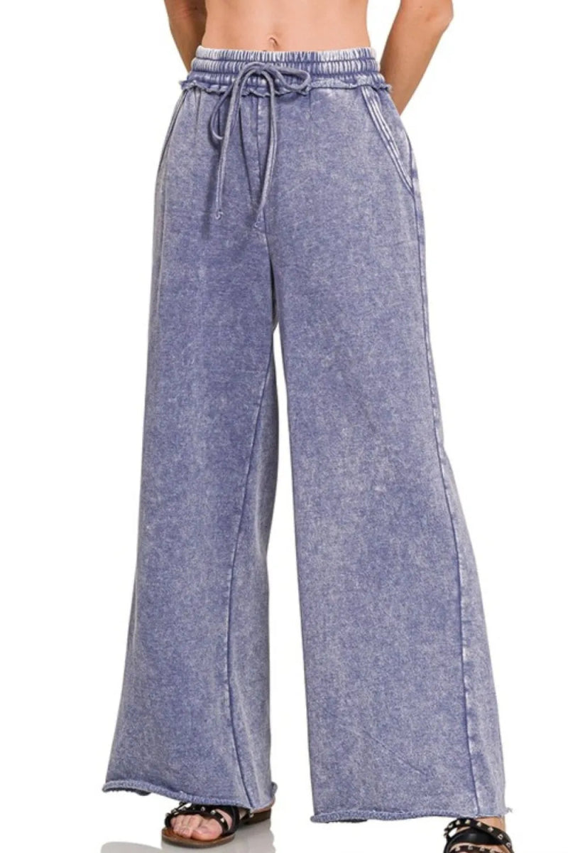 Zenana Acid Wash Fleece Palazzo Sweatpants with Pockets - Love Salve
