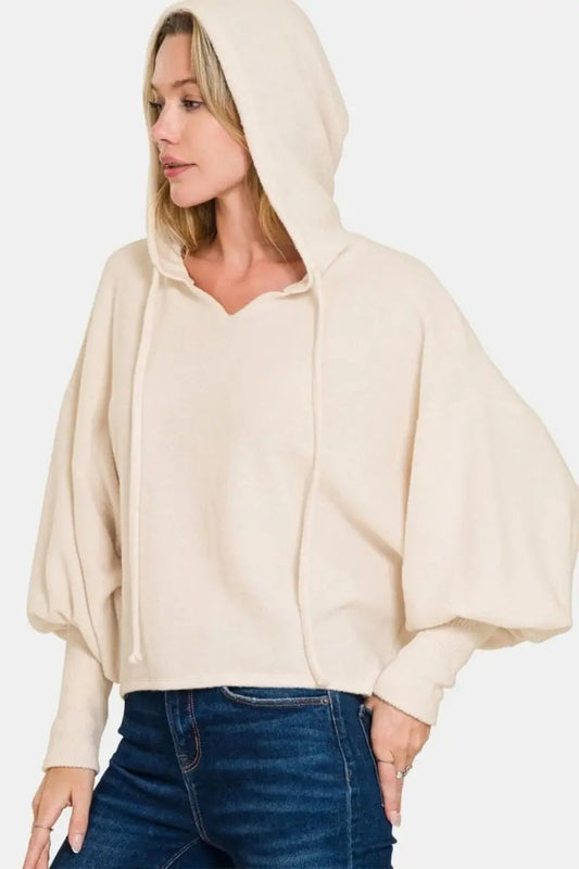 Zenana Brushed Hacci Drop Shoulder Cropped Hoodie - Love Salve