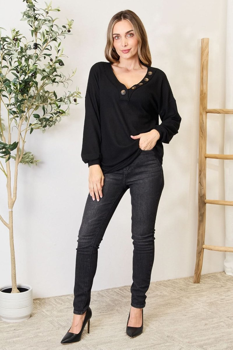 Zenana Buttoned Long Sleeve Blouse - Love Salve