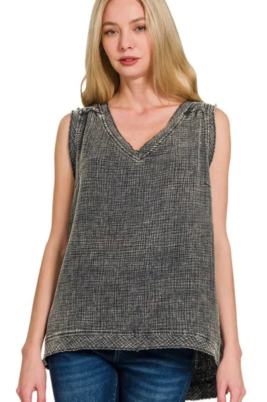 Zenana Double Gauze Raw Edge Acid Washed Tank Top - Love Salve