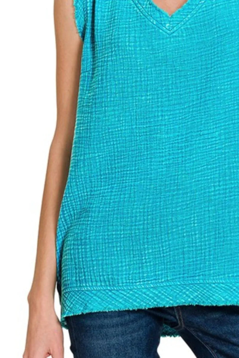 Zenana Double Gauze Raw Edge Acid Washed Tank Top - Love Salve