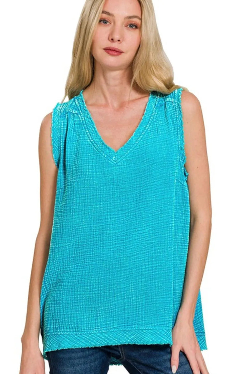 Zenana Double Gauze Raw Edge Acid Washed Tank Top - Love Salve