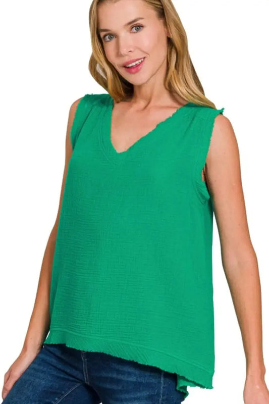 Zenana Double Gauze Raw Edge V-Neck Tank Top for Women - Love Salve