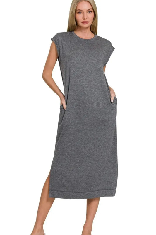Zenana French Terry Sleeveless Round Neck Midi Dress for Women - Love Salve