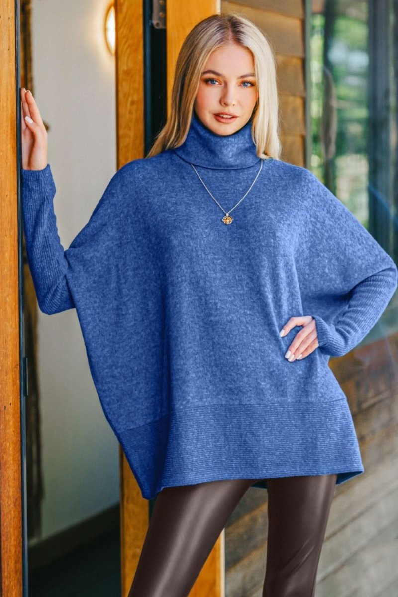 Zenana Full Size Brushed Melange Hacci Turtleneck Sweater - Love Salve