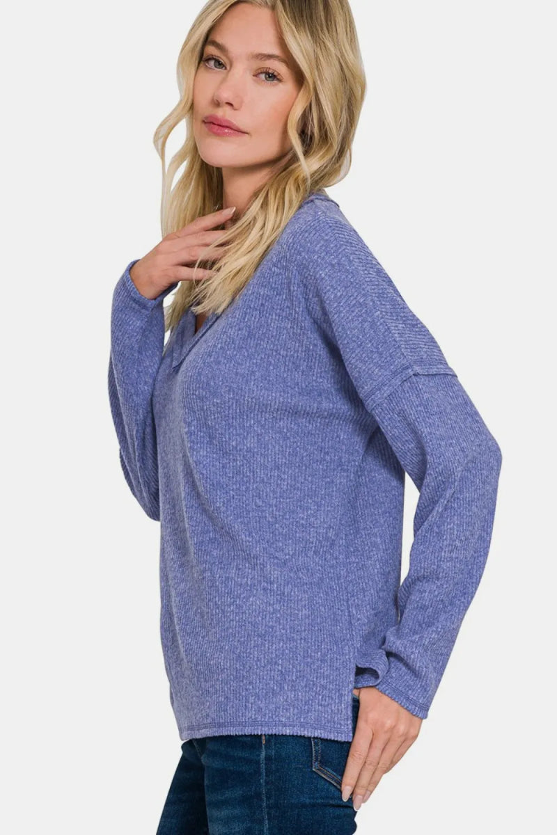 Zenana Full Size Ribbed V-Neck Drop Shoulder Top for Women - Love Salve