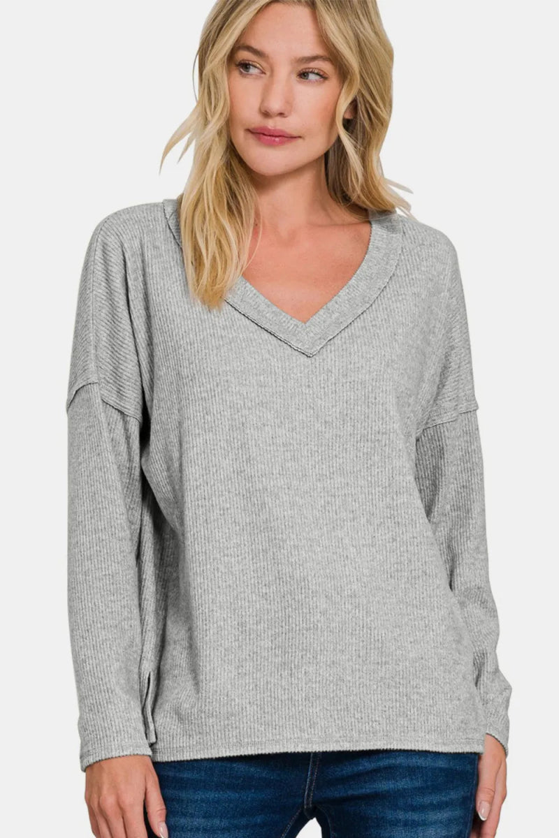 Zenana Full Size Ribbed V-Neck Drop Shoulder Top for Women - Love Salve
