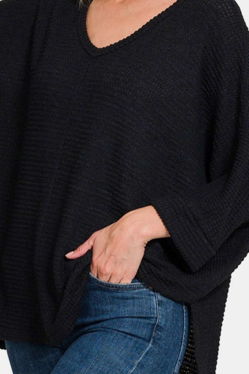 Zenana Full Size Waffle Knit V-Neck Long Sleeve Top - Love Salve