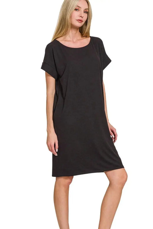Zenana Rolled Short Sleeve Round Neck Dress for Women - Love Salve