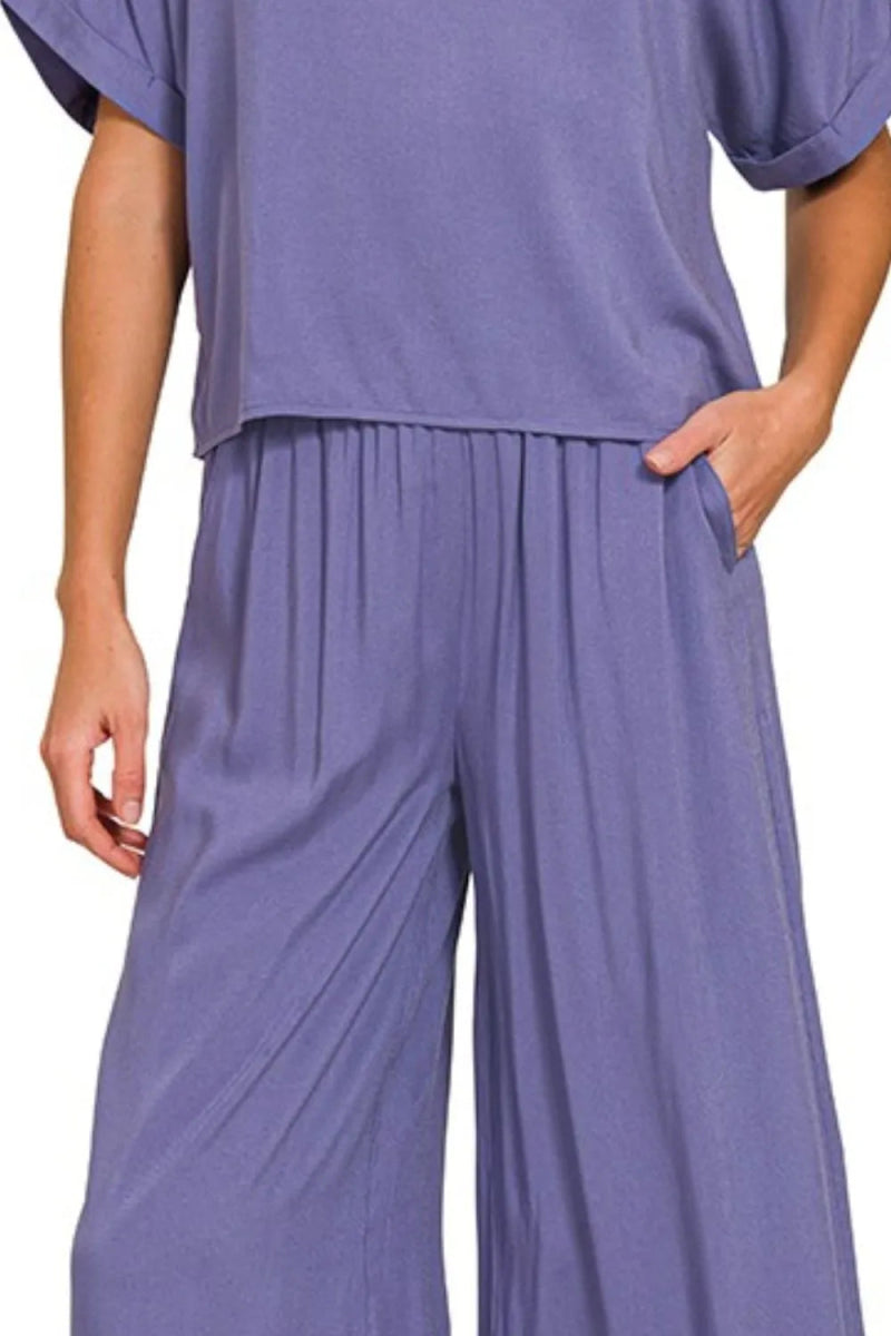 Zenana Round Neck T-Shirt and Wide Leg Pants Set - Love Salve