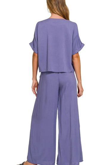 Zenana Round Neck T-Shirt and Wide Leg Pants Set - Love Salve