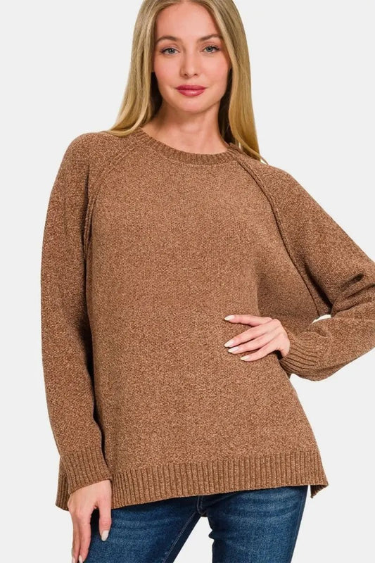 Zenana Side Slit Raglan Sleeve Sweater - Love Salve