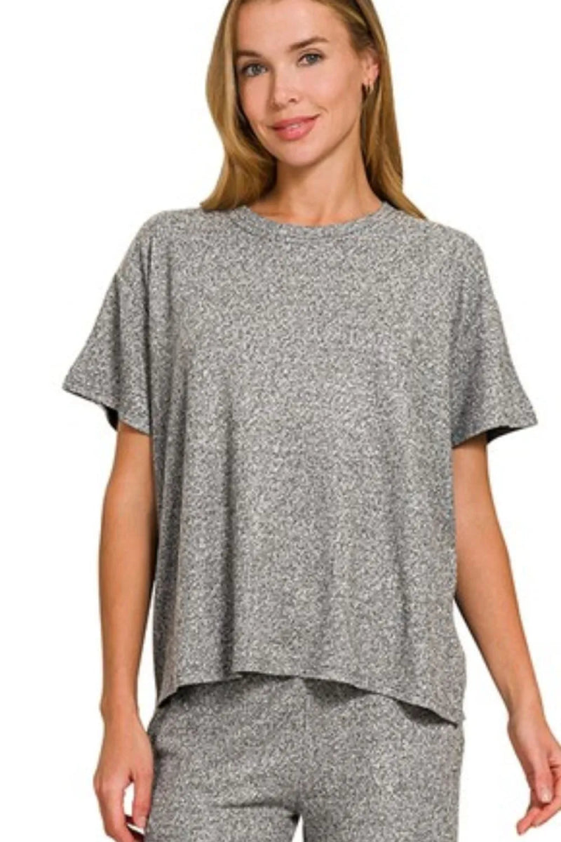 Zenana Soft Melange Short Sleeve Tee & Long Pants Set - Love Salve