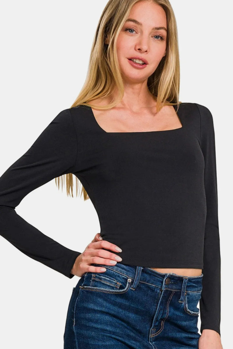 Zenana Square Neck Fitted Long Sleeve T-Shirt for Women - Love Salve
