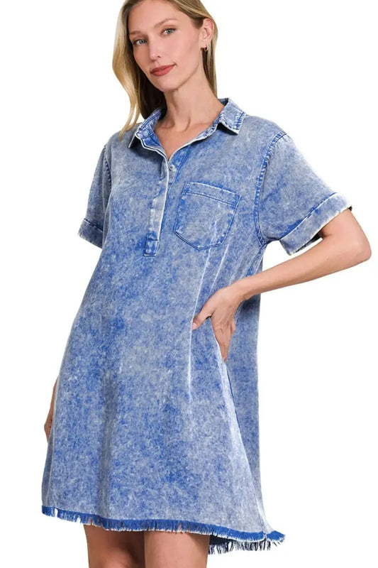 Zenana Tencel Mineral Washed Collared Shirt Dress For Women - Love Salve