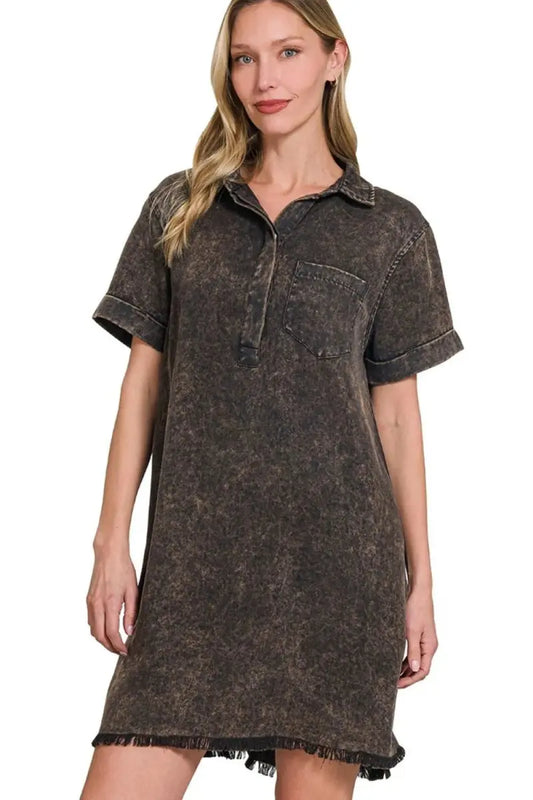 Zenana Tencel Mineral Washed Collared Shirt Dress for Women - Love Salve