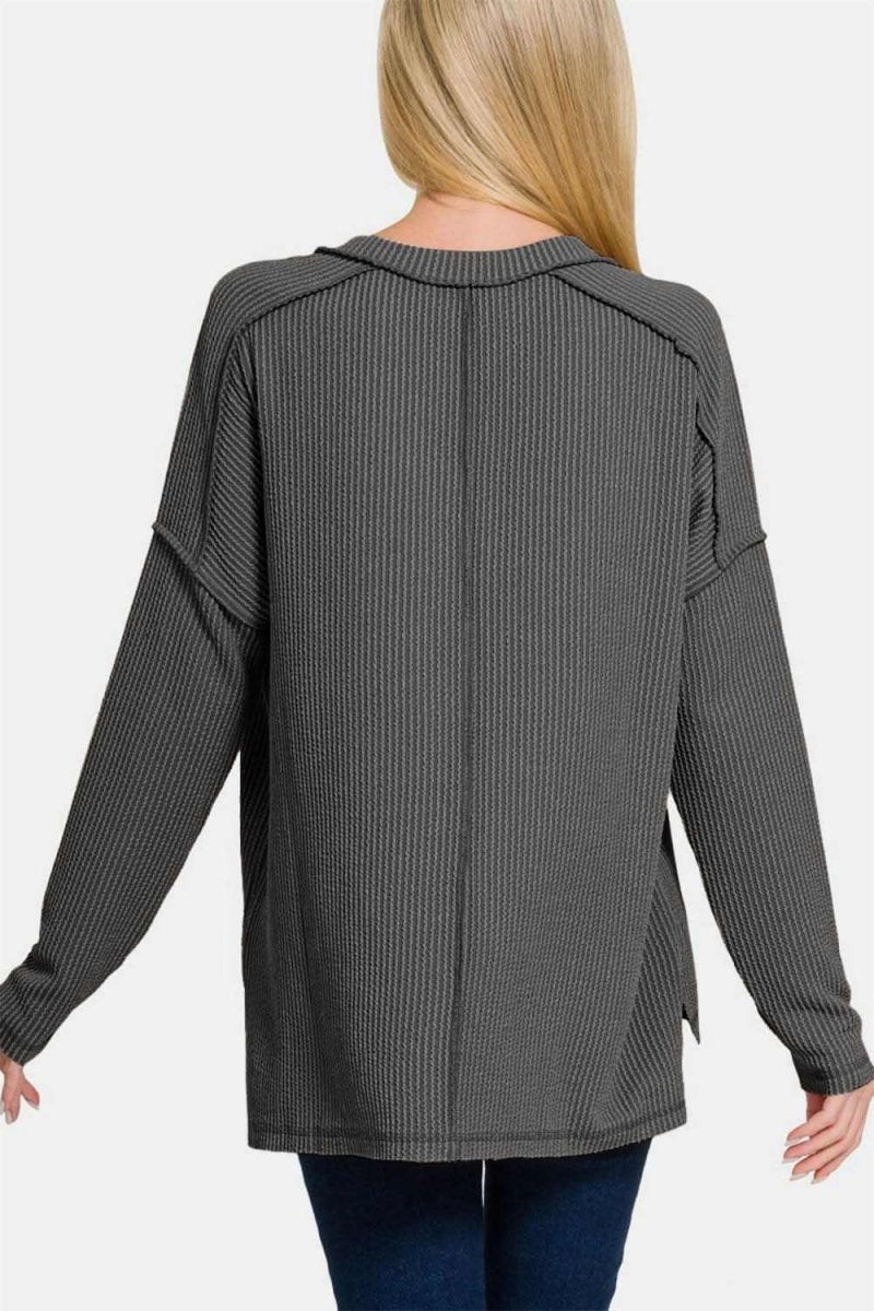 Zenana Texture Exposed Seam V-Neck Long Sleeve T-Shirt - Love Salve