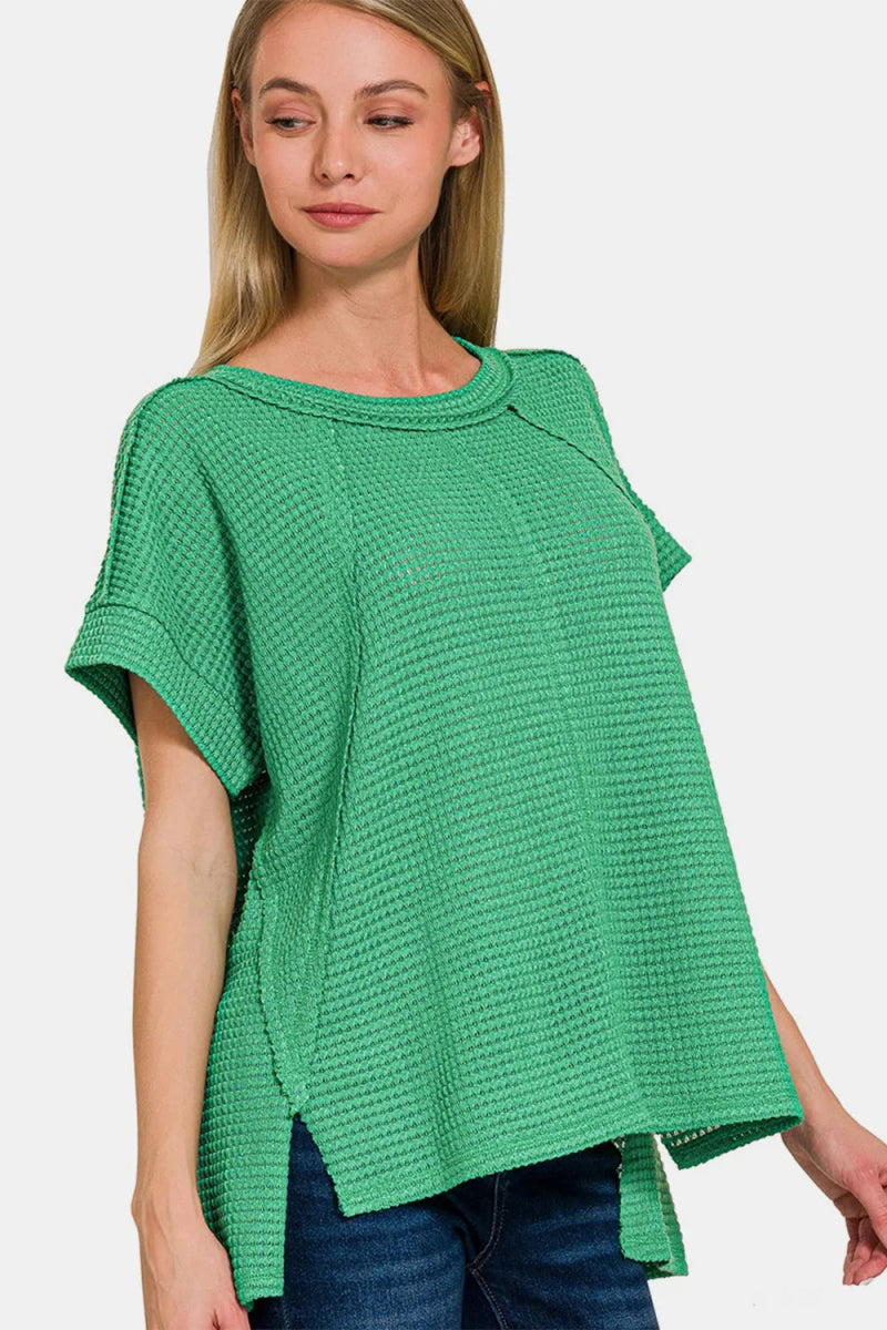 Zenana Waffle Exposed-Seam Short Sleeve T-Shirt for Women - Love Salve