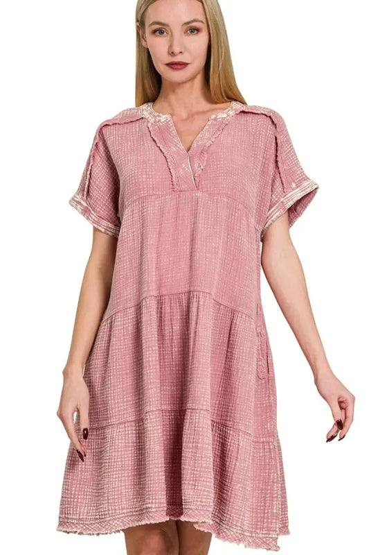 Zenana Washed Double Gauze Raw Edge V-Neck Dress for Summer - Love Salve