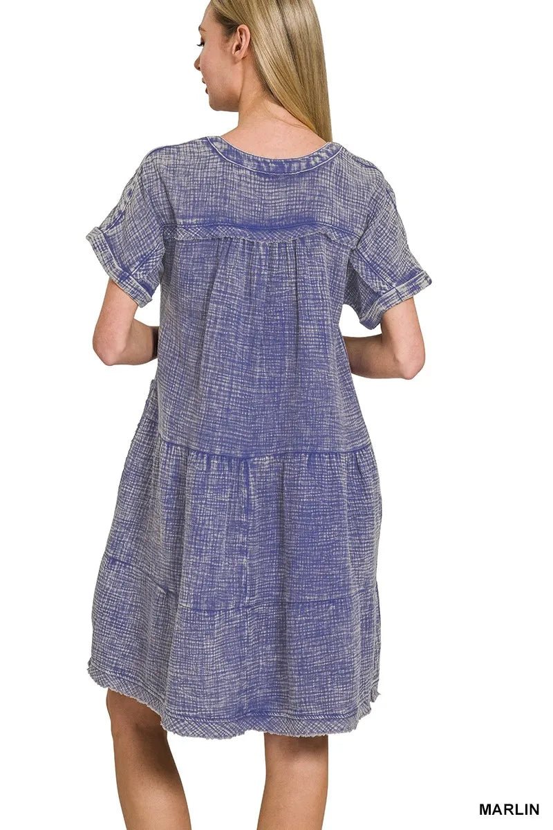 Zenana Washed Double Gauze Raw Edge V-neck Dress for Women - Love Salve